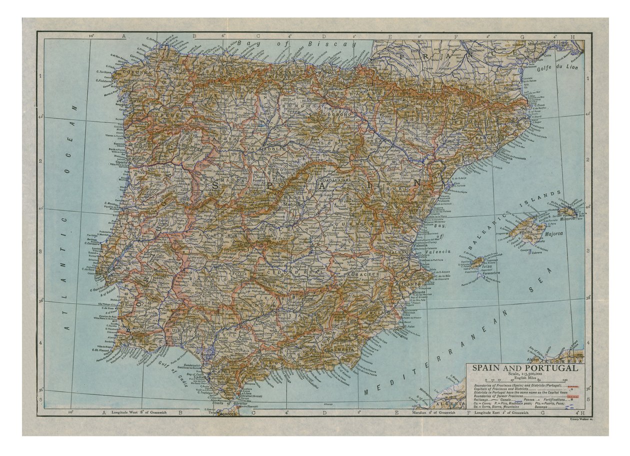 Spanyolország és Portugália térképe, c1910. alkotó: Emery Walker