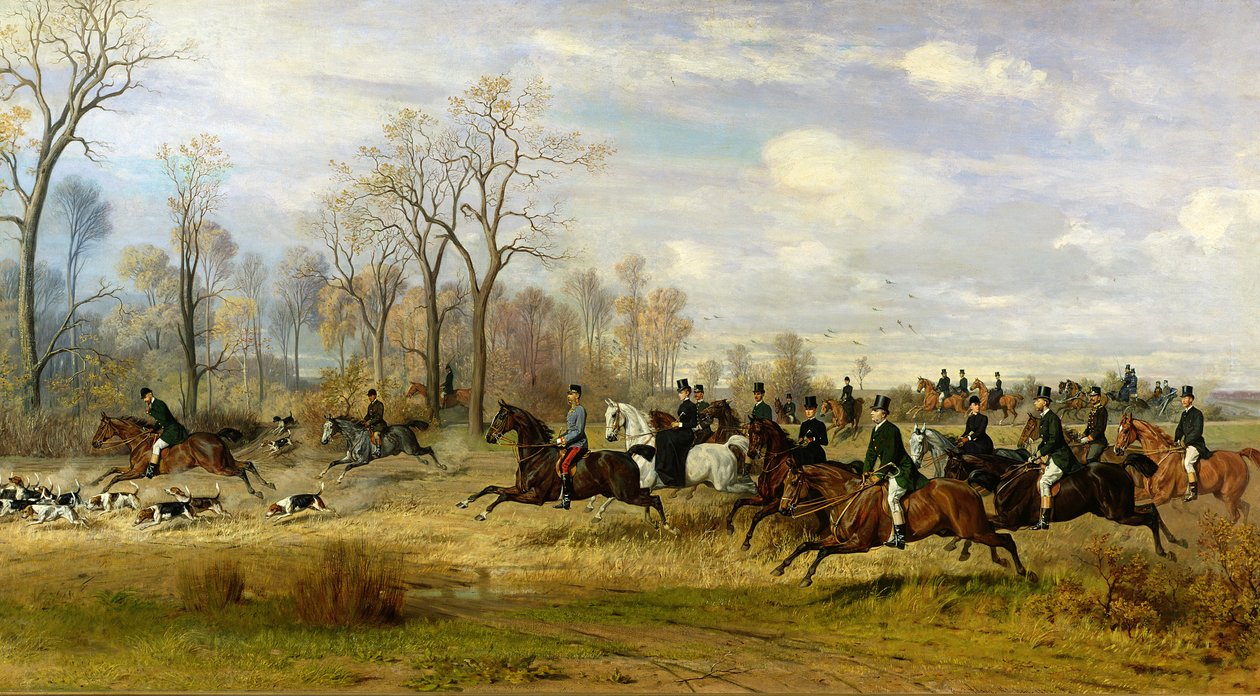 I. Ferenc József osztrák császár vadászkutyára vadászik Larisch grófnővel Sziléziában, 1882 alkotó: Emil Adam