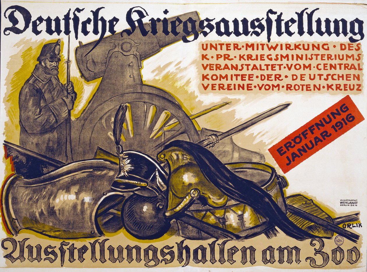 A Vöröskereszt által támogatott háborús kiállítást reklámozó plakát Deutsche Kriegsausstellung, 1916 január, 1916 alkotó: Emil Orlik