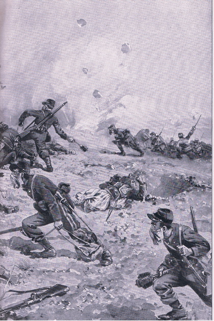 Francia kézigránátos támadás a Les Spangesnél, a The Illustrated History of the World War 1914-1915 pubból. az Union Berlagsefellfchaft alkotó: Emil (after) Limmer
