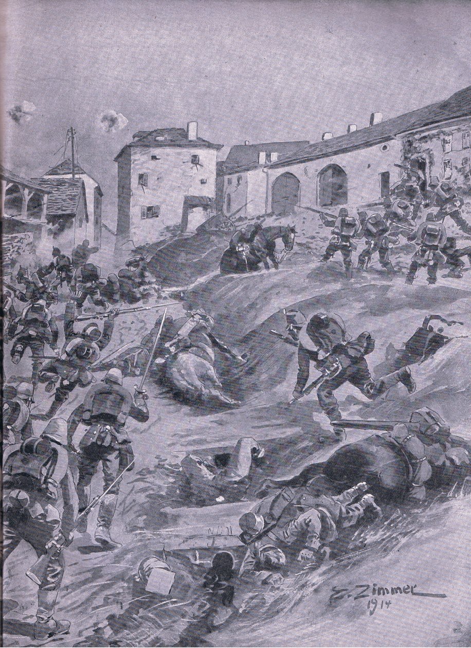Az Aschaffenberg 2. bajor vadászzászlóalj Lagarde-ban 1914. augusztus, The Illustrated History of the World War 1914-1915 pub. az Union Berlagsefellfchaft alkotó: Emil (after) Limmer