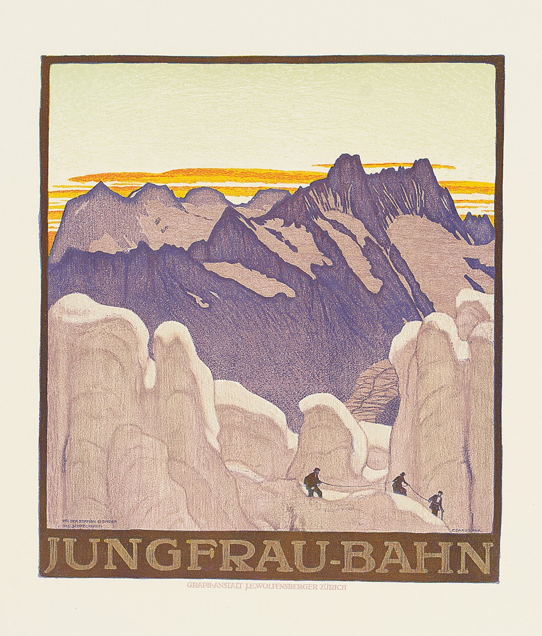 Jungfrau-Bahn, a Jungfrau hegyi vasutat hirdető plakát (színes litó) alkotó: Emil Cardinaux