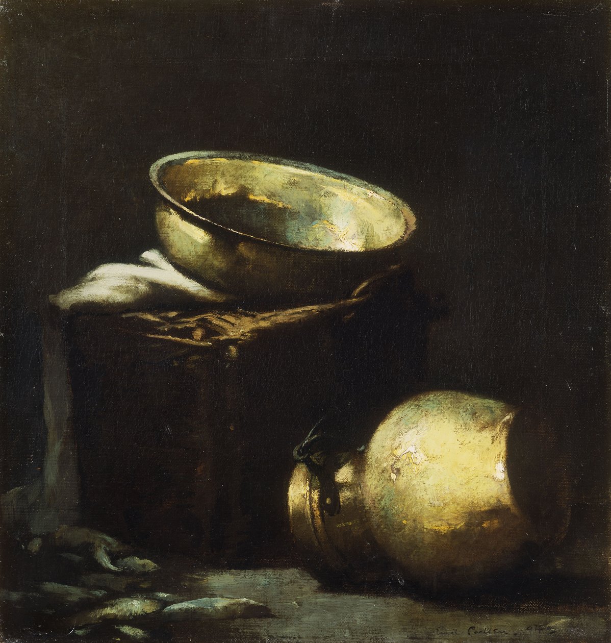 Csendélet réz edényekkel és fekete hallal alkotó: Emil Carlsen