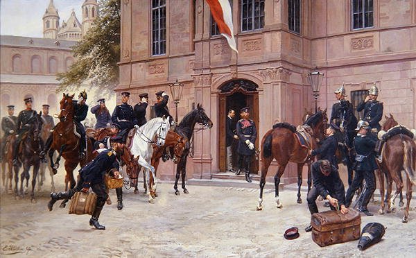 IV. Lajos hessen-darmstadti trónörökös búcsúzik Cornelius Heyltől, a wormsi Schlosschen előtt, amint a sedani csatába indul 1870-ben (olaj, vászon). alkotó: Emil Huenten