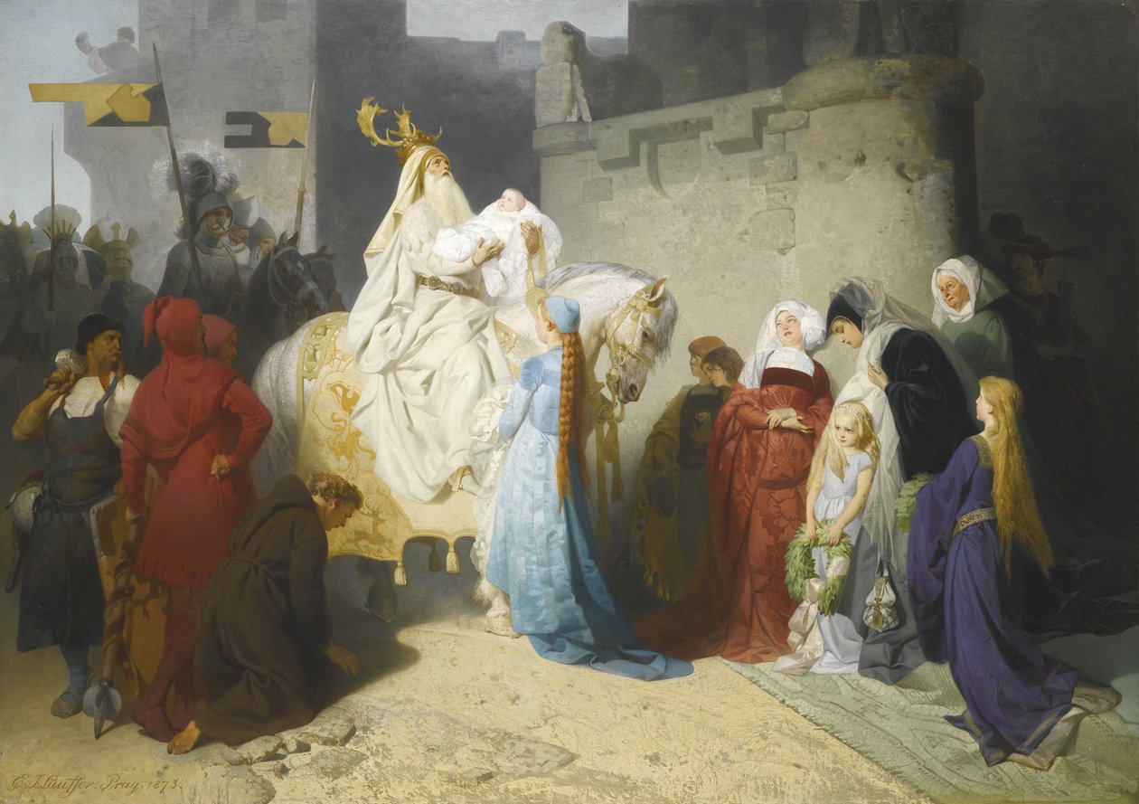 Merlin bemutatja a leendő Arthur királyt, 1873 alkotó: Emil Johann Lauffer