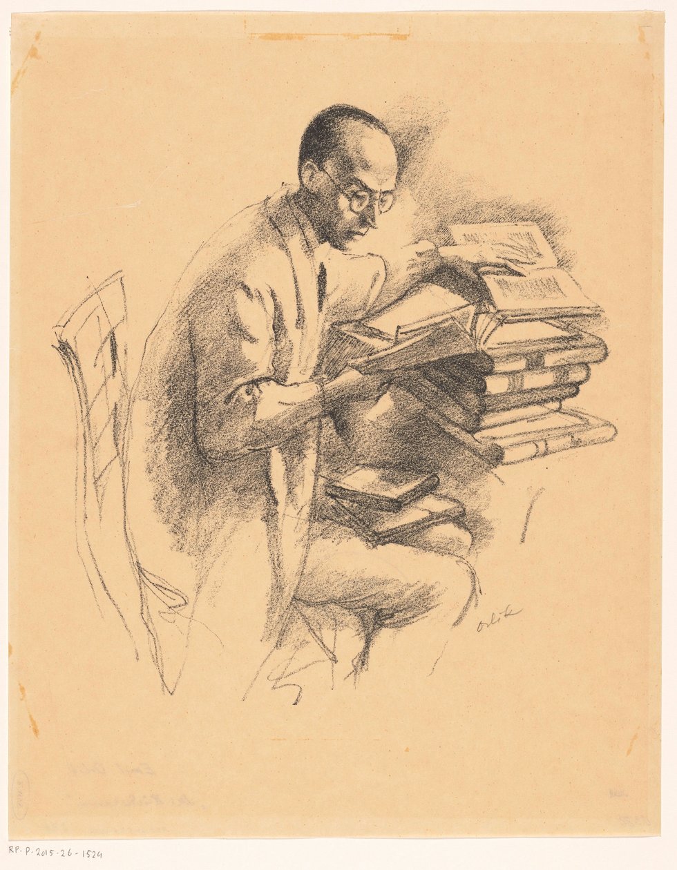 Férfi egy könyvekkel teli íróasztal mögött alkotó: Emil Orlik (signed by artist)