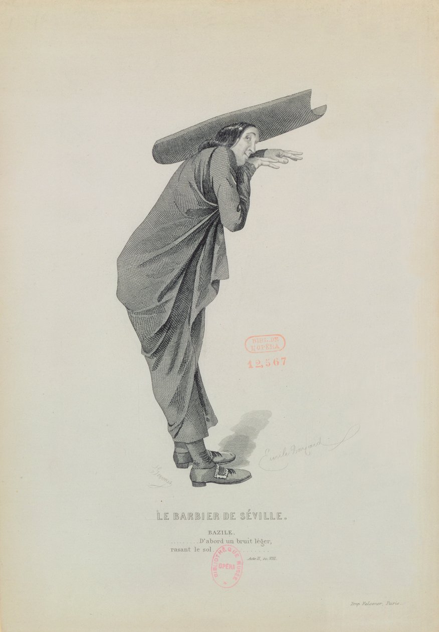 Bazile, a Sevillai Barbier című operából, Gioachino Rossini (1792-1868) Vésett: Eugene Gervais alkotó: Emile Antoine Bayard