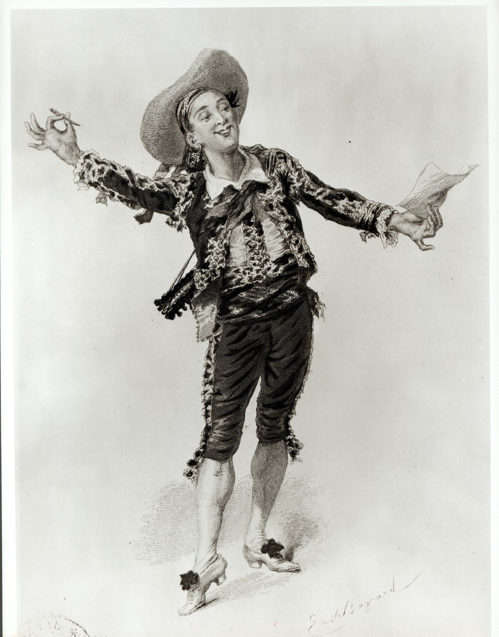 Figaro, Pierre Augustin Caron de Beaumarchais (1732-99) „A sevillai borbély” I. felvonás 2. jelenetének illusztrációja, L. Wolff metszet, 1876 alkotó: Emile Antoine Bayard