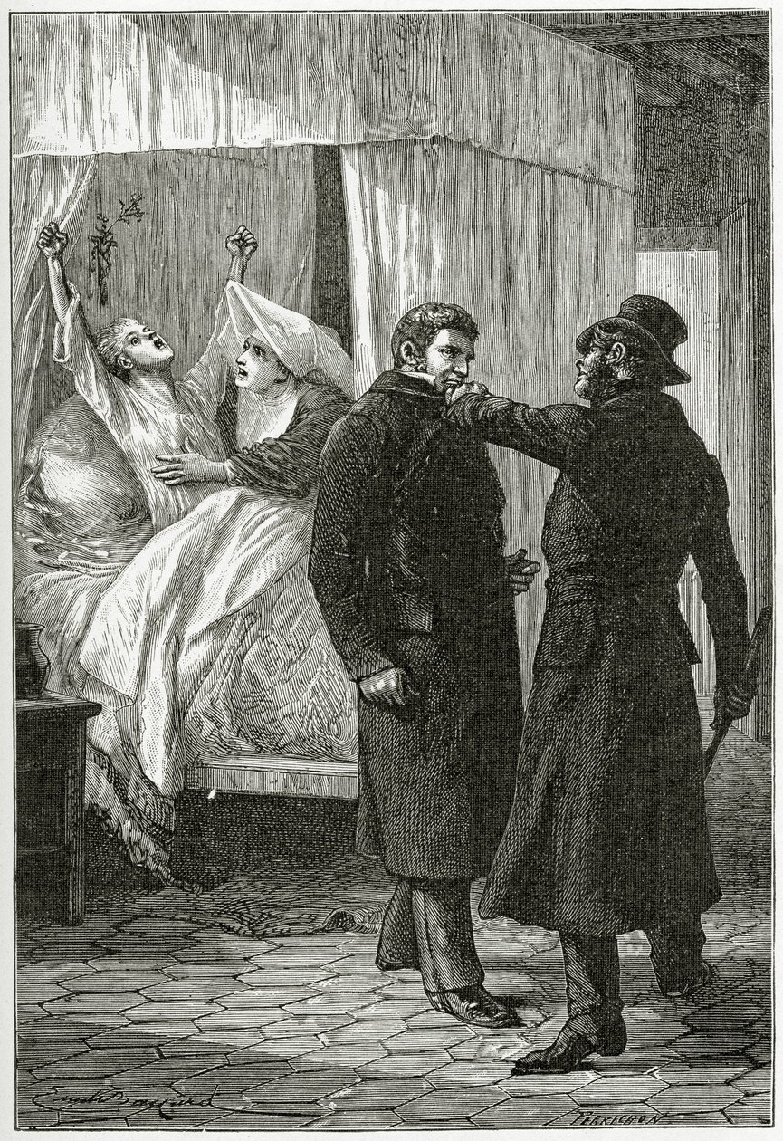 La mort de Fantine – Illusztráció a Les Misérables-ből, 19. század (bw metszet) alkotó: Emile Antoine Bayard