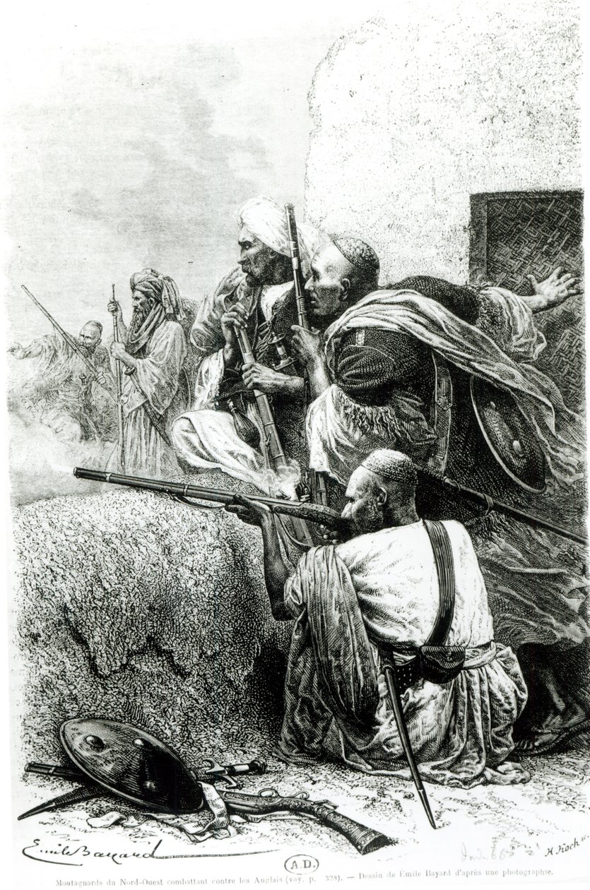 A britek ellen harcoló északnyugat-afgán hegyi csapatok, metszet: H. Koch alkotó: Emile Antoine Bayard