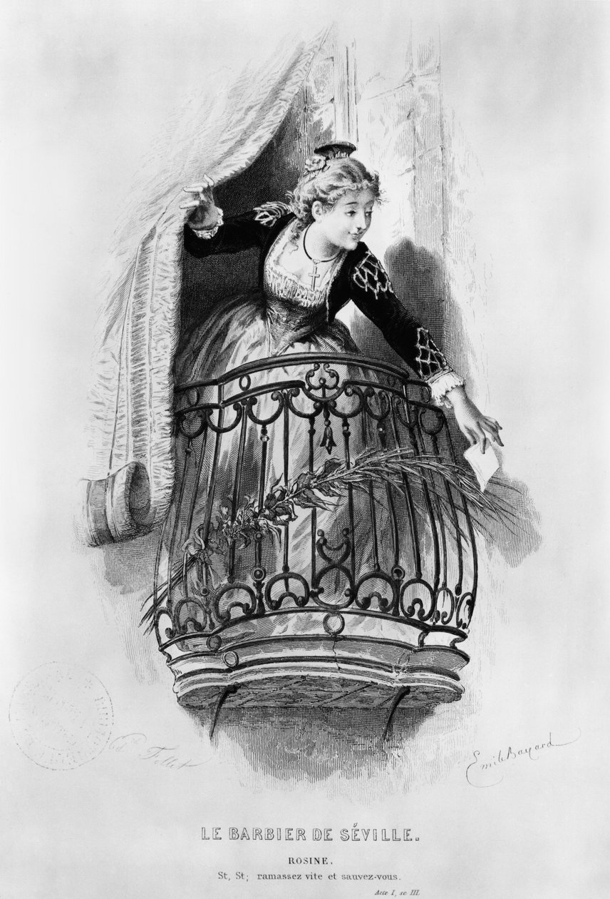 Rosine, Illusztráció Pierre Augustin Caron de Beaumarchais (1732-99) „A sevillai borbély” 3. jelenetének I. felvonásából, vésett Fillet 1876 alkotó: Emile Antoine Bayard