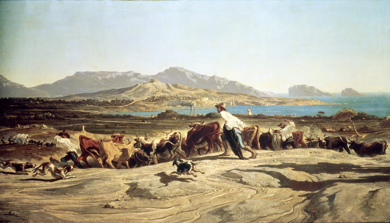Szarvasmarha-tenyésztés Marseille közelében, 1853 alkotó: Emile Loubon