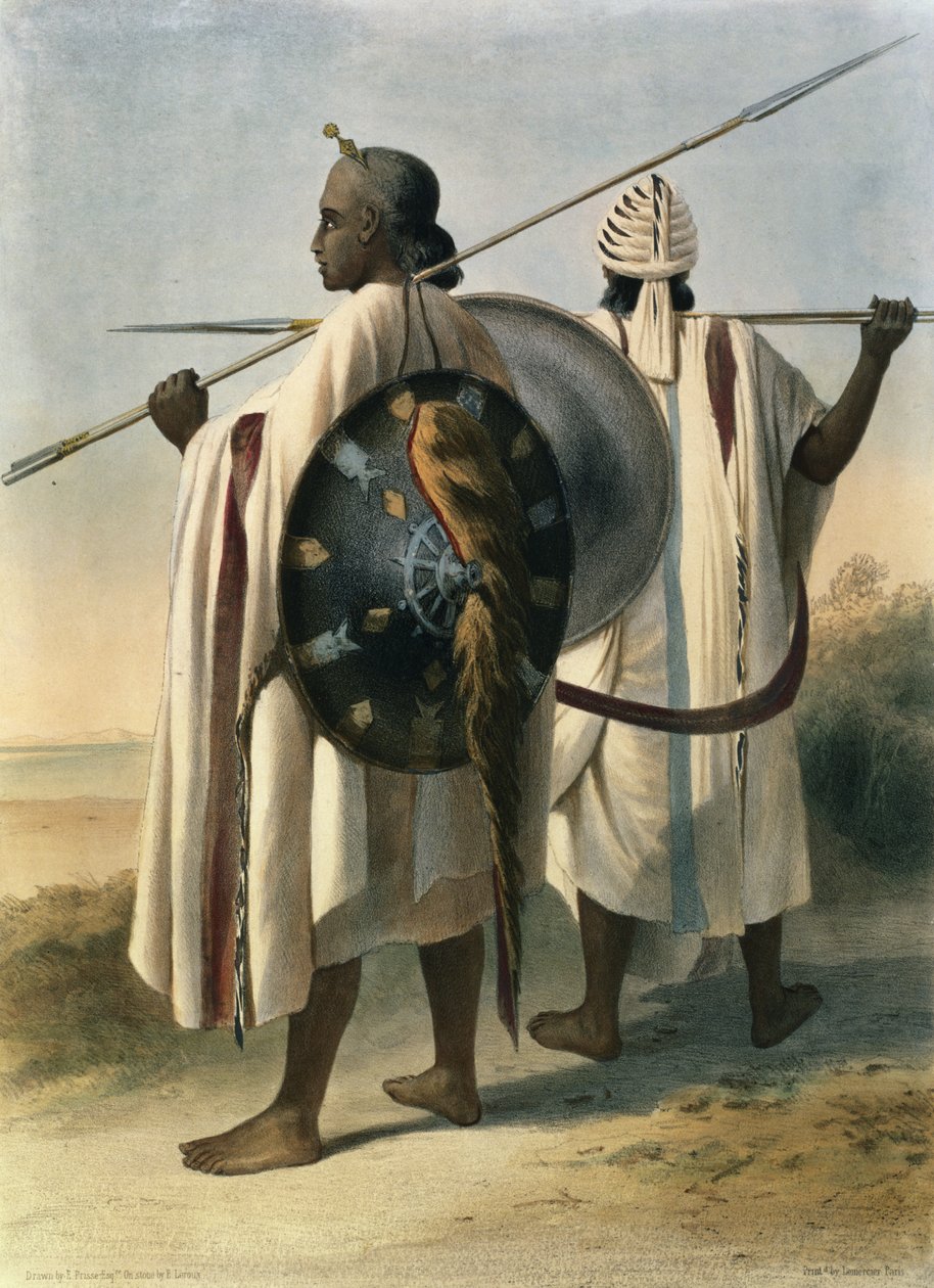 Abesszíniai harcosok, illusztráció a "Nílus völgye" című képből, Eugene Le Roux (1807-63) metszete, Lemercier kiadó, 1848. alkotó: Emile Prisse d