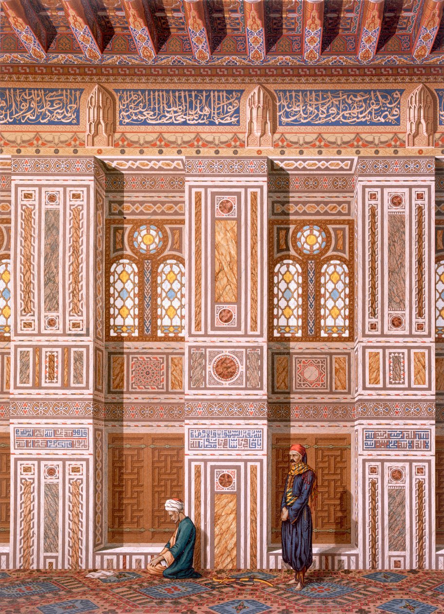 Kairó: A Qaitbay mecset belseje; a hívek a Mihrab oldalfalánál imádkoznak, 15. század, 19. század (chromolitho) alkotó: Emile Prisse d