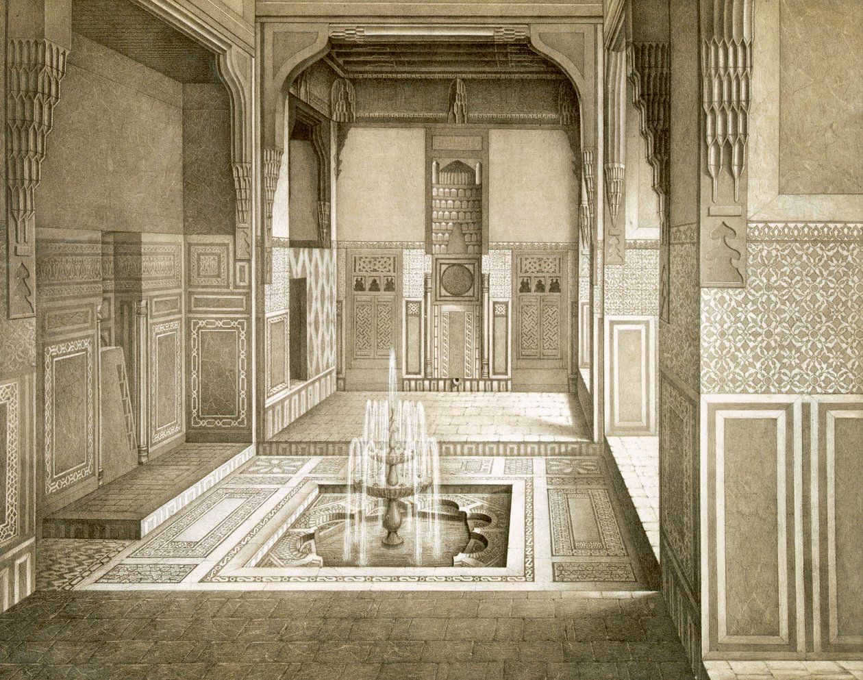 Kairó: Mandarah: Fogadóterem, földszint, medencével és szökőkúttal, 19. század alkotó: Emile Prisse d