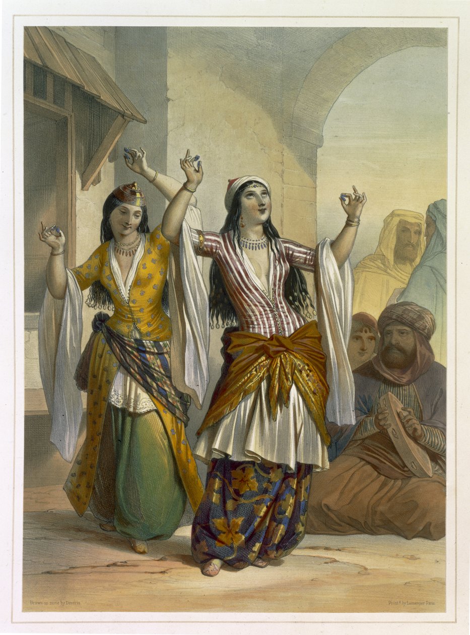 Egyiptomi táncos lányok előadják a Ghawazit Rosettában, illusztráció a „Nílus völgyéből”, Achille Deveria (1800-57) kocsma vésette. Lemercier, 1848 alkotó: Emile Prisse d