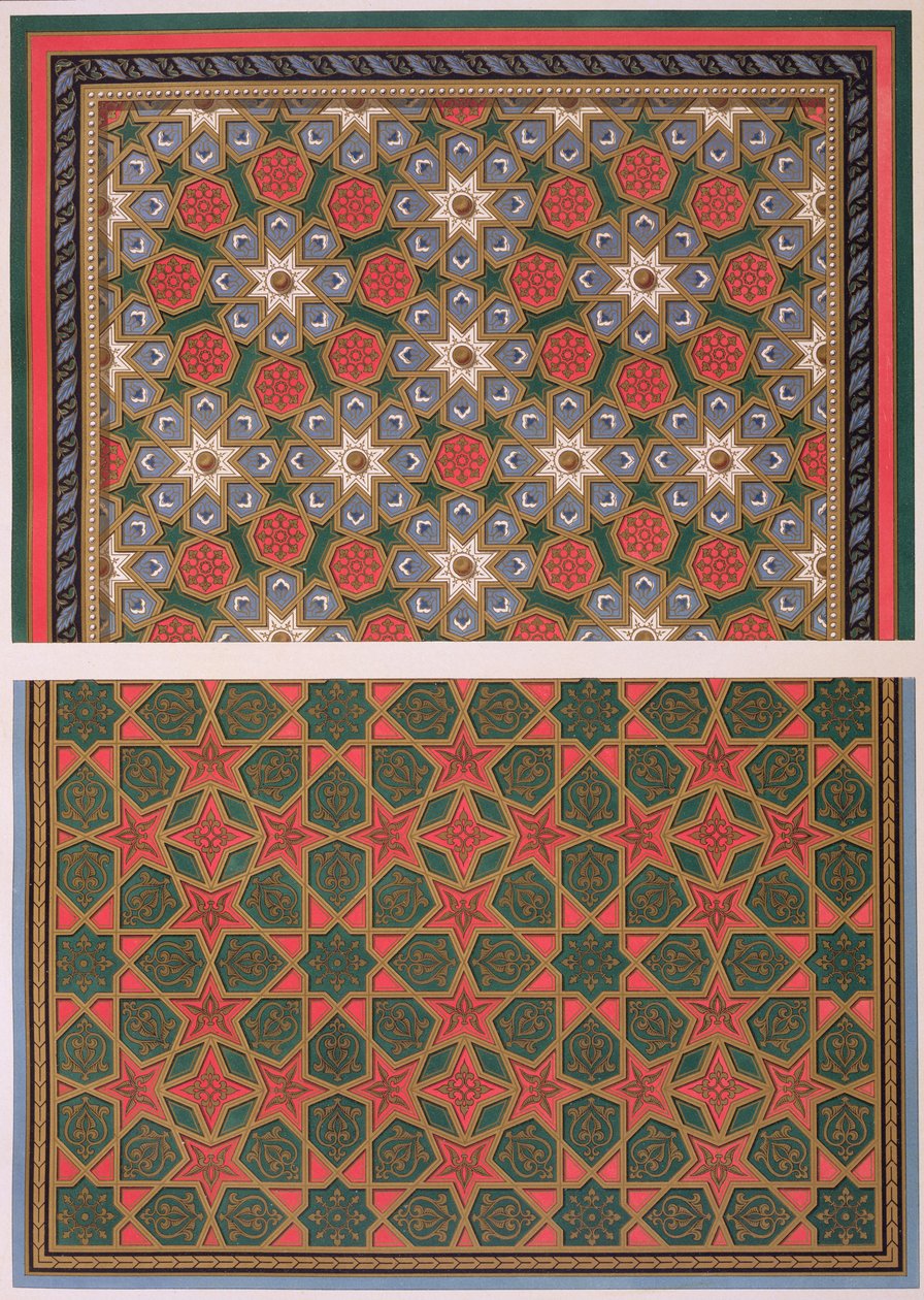 Példák mennyezeti díszítésekre, az "Arab Art as Seen through the Monuments of Cairo from the 7. Century to the end of the 18th Century" című, Daumont által metszett, 1877-ben megjelent kötetből. alkotó: Emile Prisse d