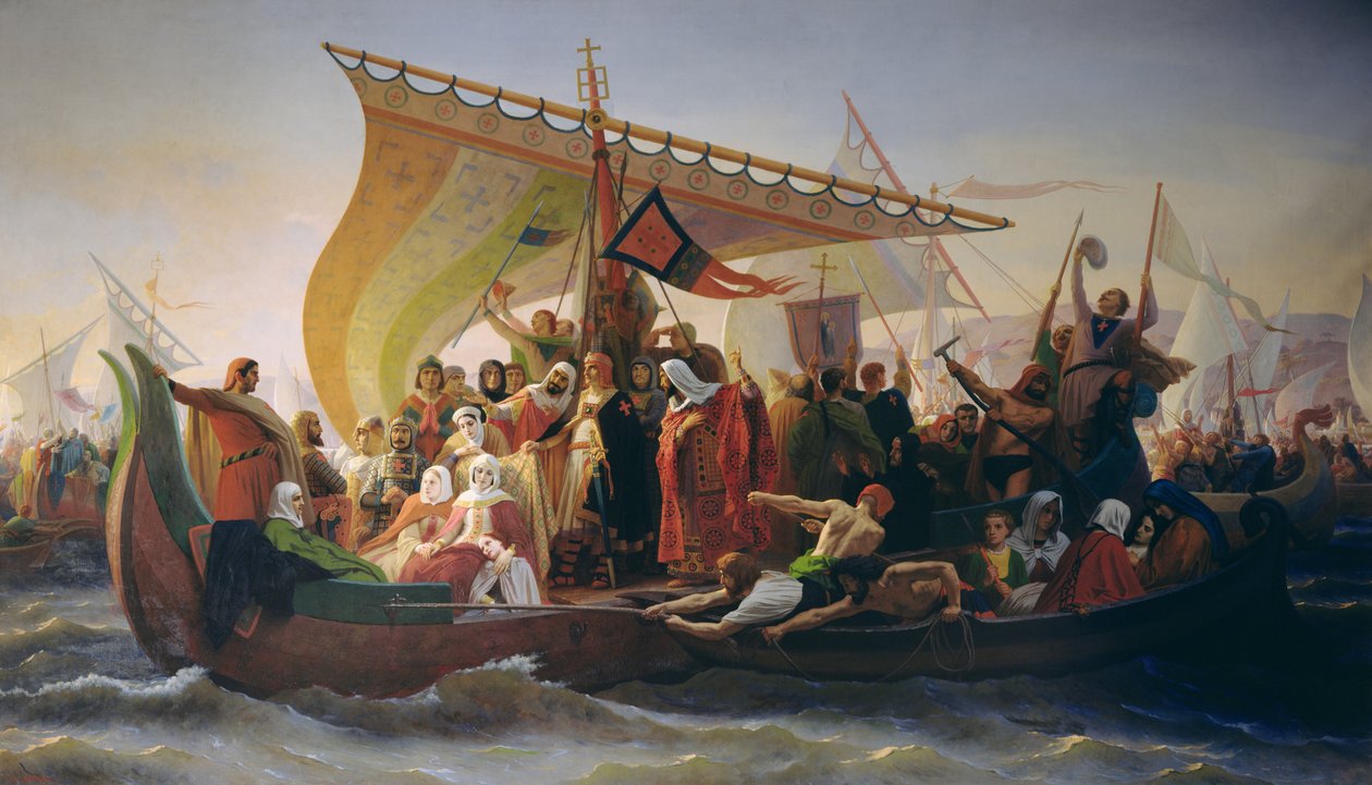 Godfrey of Bouillon (kb. 1060-1100) és testvére, Baldwin átkelése a Boszporuszon 1097-ben, 1854 alkotó: Emile Signol