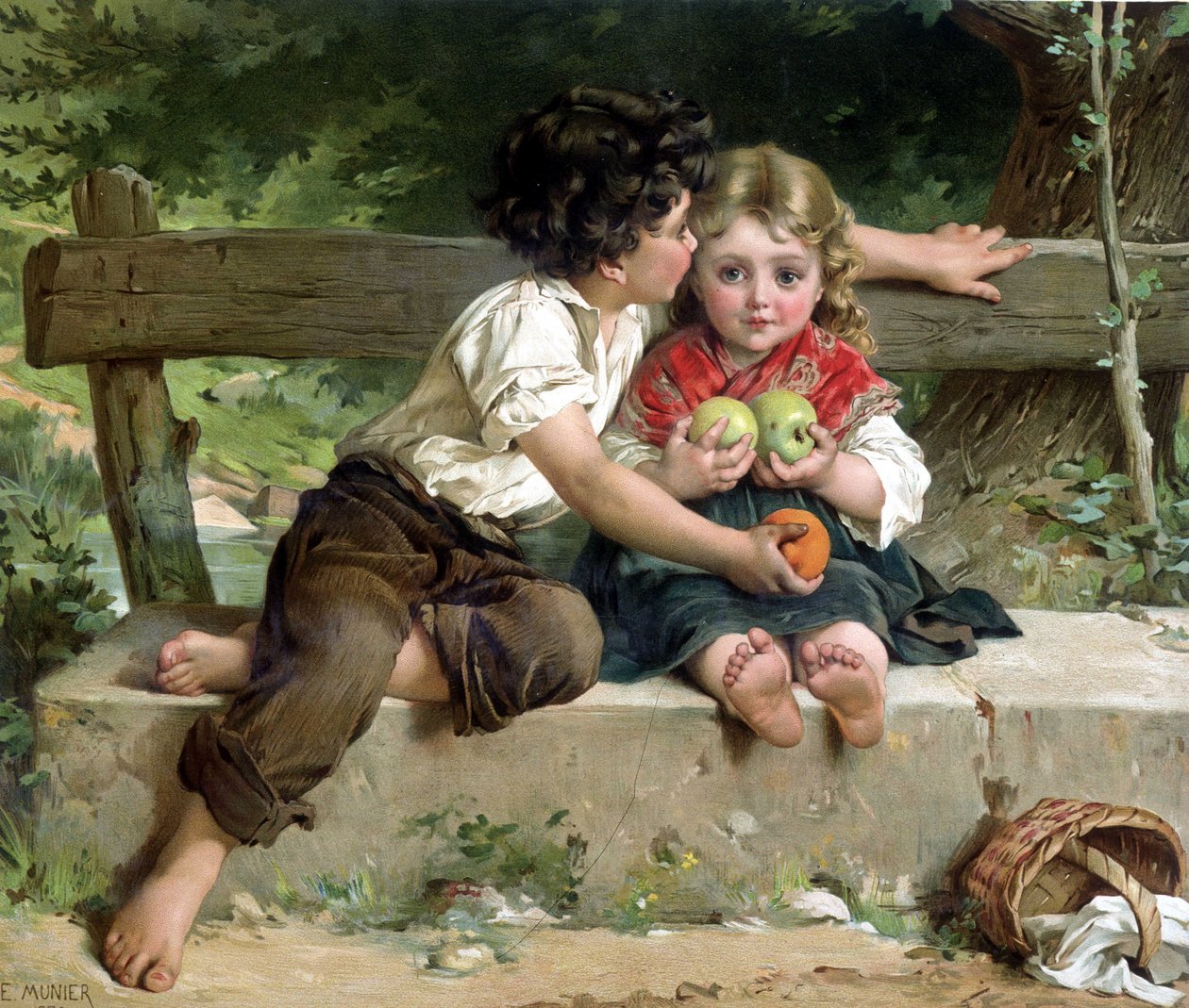 Boyboy csókolóz lánnyal és almát ad neki E. Munier szerint alkotó: Émile (after) Munier