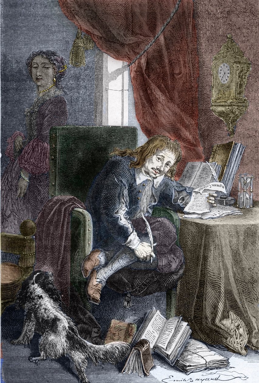 Paul Scarron (1610-1660) francia író, burleszk vígjátékok írójának portréja, rokkant széken van ábrázolva, mögötte az árnyékban áll felesége, Francoise d