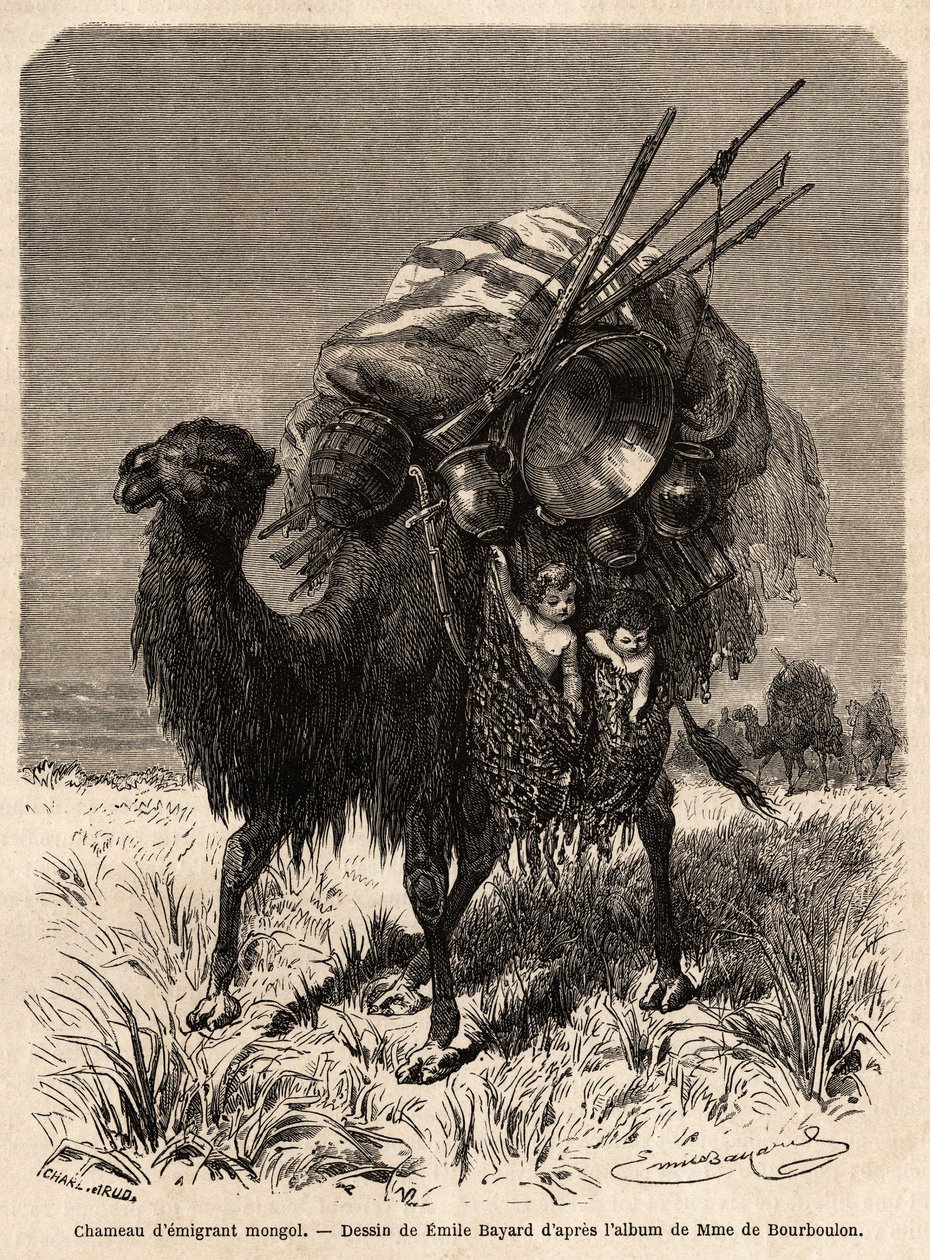 Egy mongol emigráns teve, aki élelmiszert, különféle edényeket, szőnyegeket, takarókat és a sátorkeret faanyagát cipelte, valamint függőkosarakban kisgyerekek. Emile Bayard (1837-1891) rajza Sanghajból Moszkvába, 1859-től alkotó: Emile Antoine Bayard