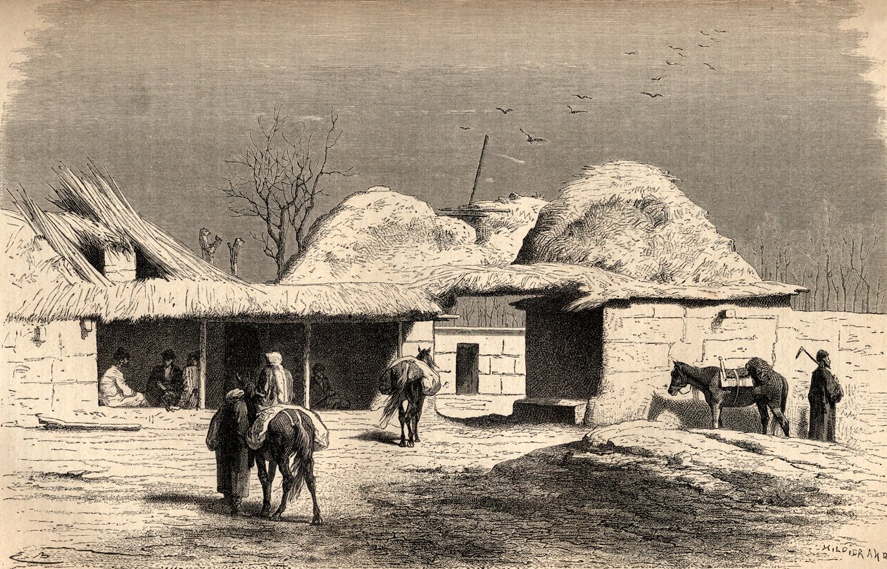 Karavánszeráj Taskentben, Üzbegisztánban, illusztráció a „The World in the Hands” című könyvből, Charles Laplante (†1903) metszetében, 1878-ban megjelent (metszet) alkotó: Emile Antoine Bayard