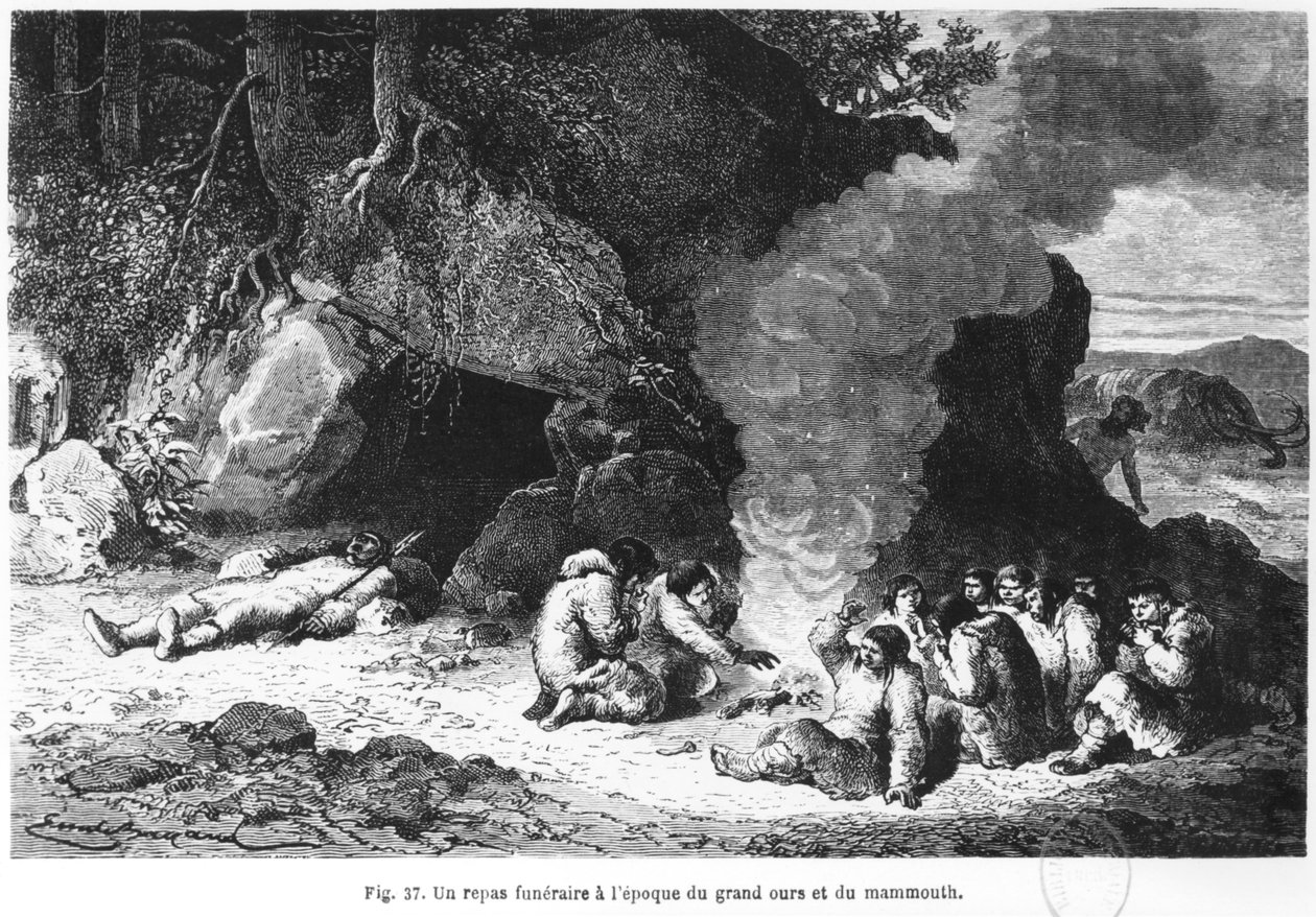 Temetési vacsora a medve és a mamut idején, illusztrációja Louis Figuier (1819-94) „L