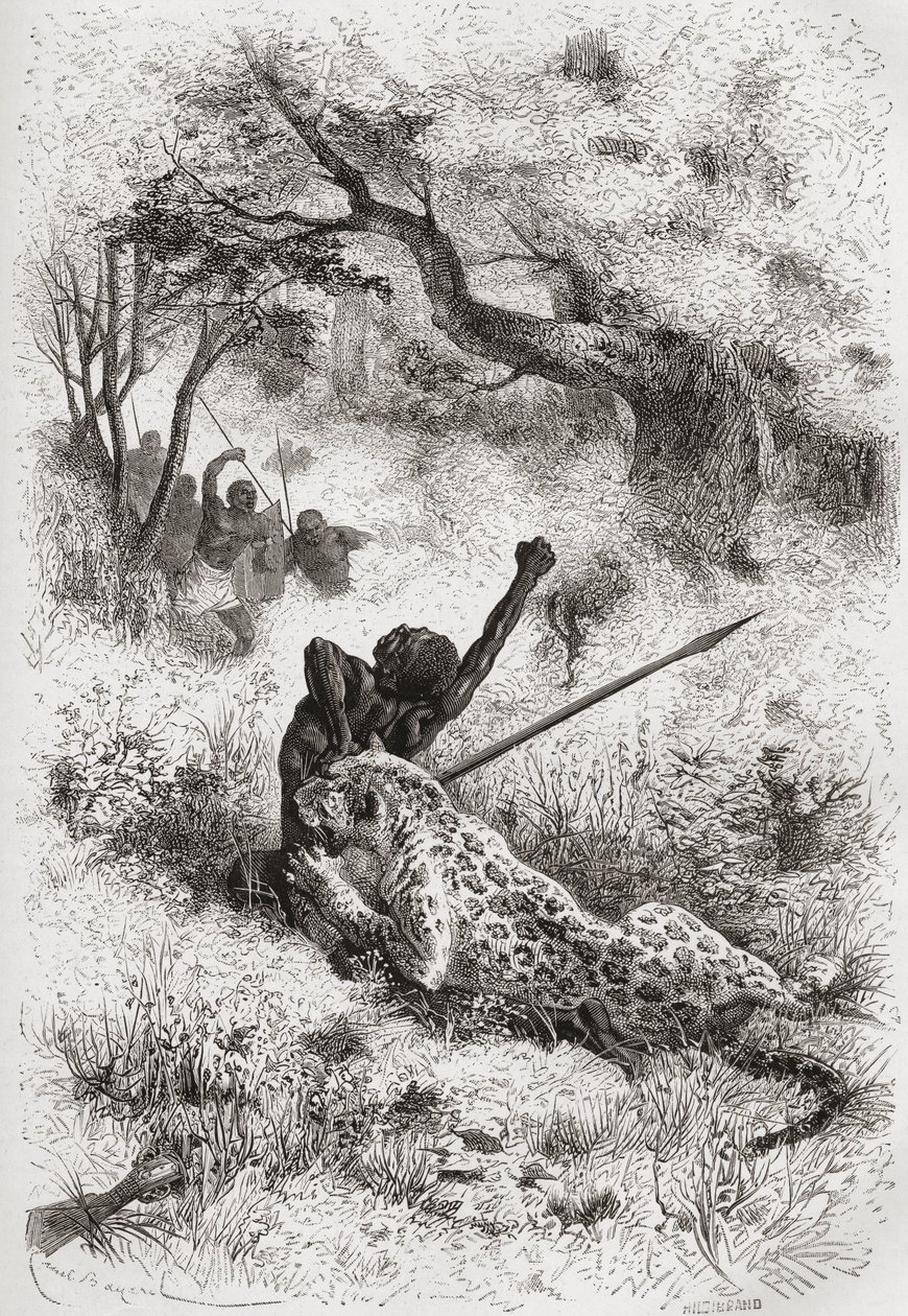 Egy afrikait támadó leopárd, illusztráció a „The World in the Hands” című könyvből, Henri Theophile Hildibrand (1824-97) metszetében, 1878-ban alkotó: Emile Antoine Bayard