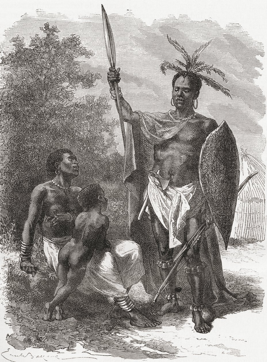 A közép-afrikai ougogói születésű, háborús ruhában, illusztráció a „The World in the Hands” című könyvből, 1878-ban alkotó: Emile Antoine Bayard