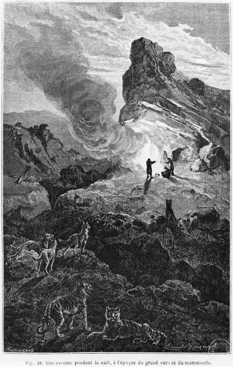 Őskori barlang éjjel, illusztrációja Louis Figuier (1819-94) „L