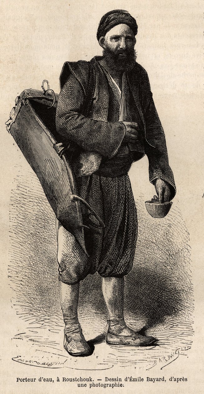 Egy vízszállító, vándorkereskedő felszerelésével, egyfajta tankdobozsal és mérőeszközként és pohárral pózol, Roustchoukban (Románia), metszet Emile Bayard rajza nyomán, a bulgáriai utazást illusztrálva, Guillaume Lejean, ban ben alkotó: Emile Antoine Bayard
