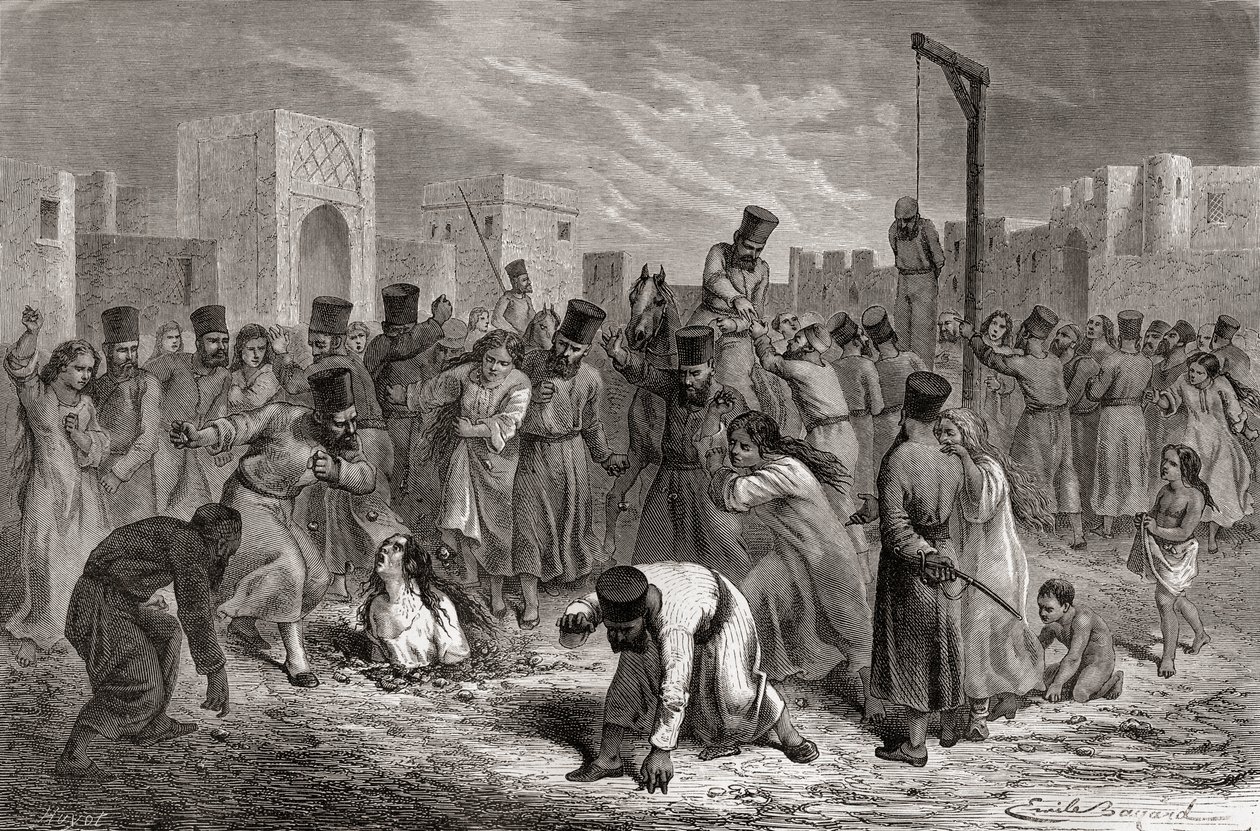 Házasságtörőket megköveznek és felakasztottak Törökországban, illusztráció a „The World in the Hands” című könyvből, Huyot metszetében, 1878-ban alkotó: Emile Antoine Bayard