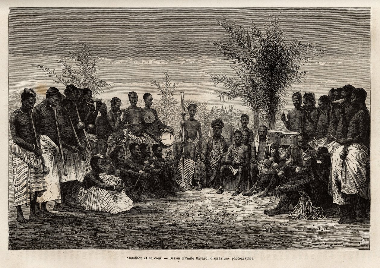 Amadifou, Assinie királya (Comptoir francais de Elefántcsontpart) körülveszi udvarát és zenészeit, 1868 körül, Emile Bayard 1868-as Côte d