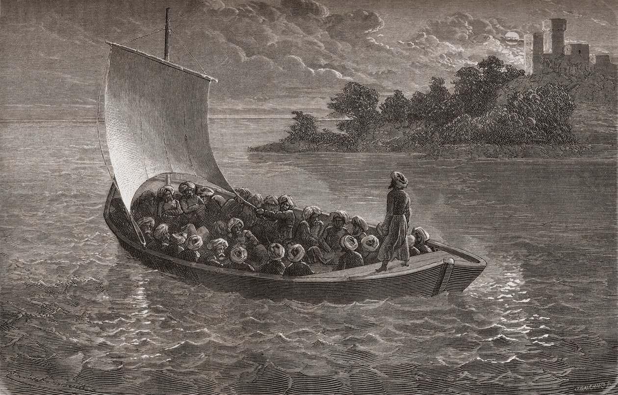 Arminio Vambery és társai a Kaszpi-tengeren hajózva 1863-ban, illusztráció a „The World in the Hands” című könyvből, Gauchard metszete, 1878-ban megjelent alkotó: Emile Antoine Bayard