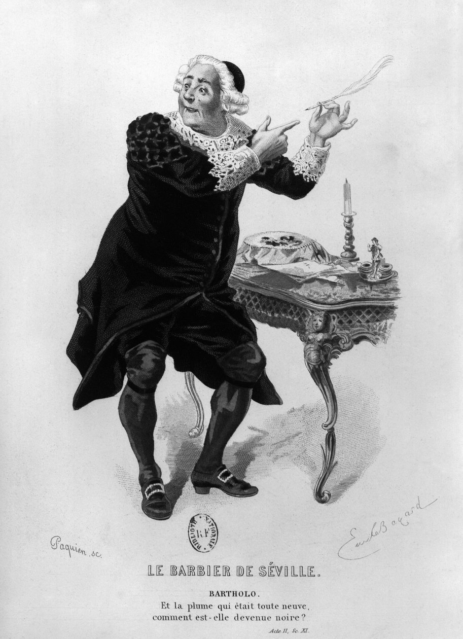 Bartholo, Pierre Augustin Caron de Beaumarchais (1732-99) „A sevillai borbély” II. felvonásának 11. jelenetéből készült illusztráció, Jean Paquin (19. század) metszete) alkotó: Emile Antoine Bayard