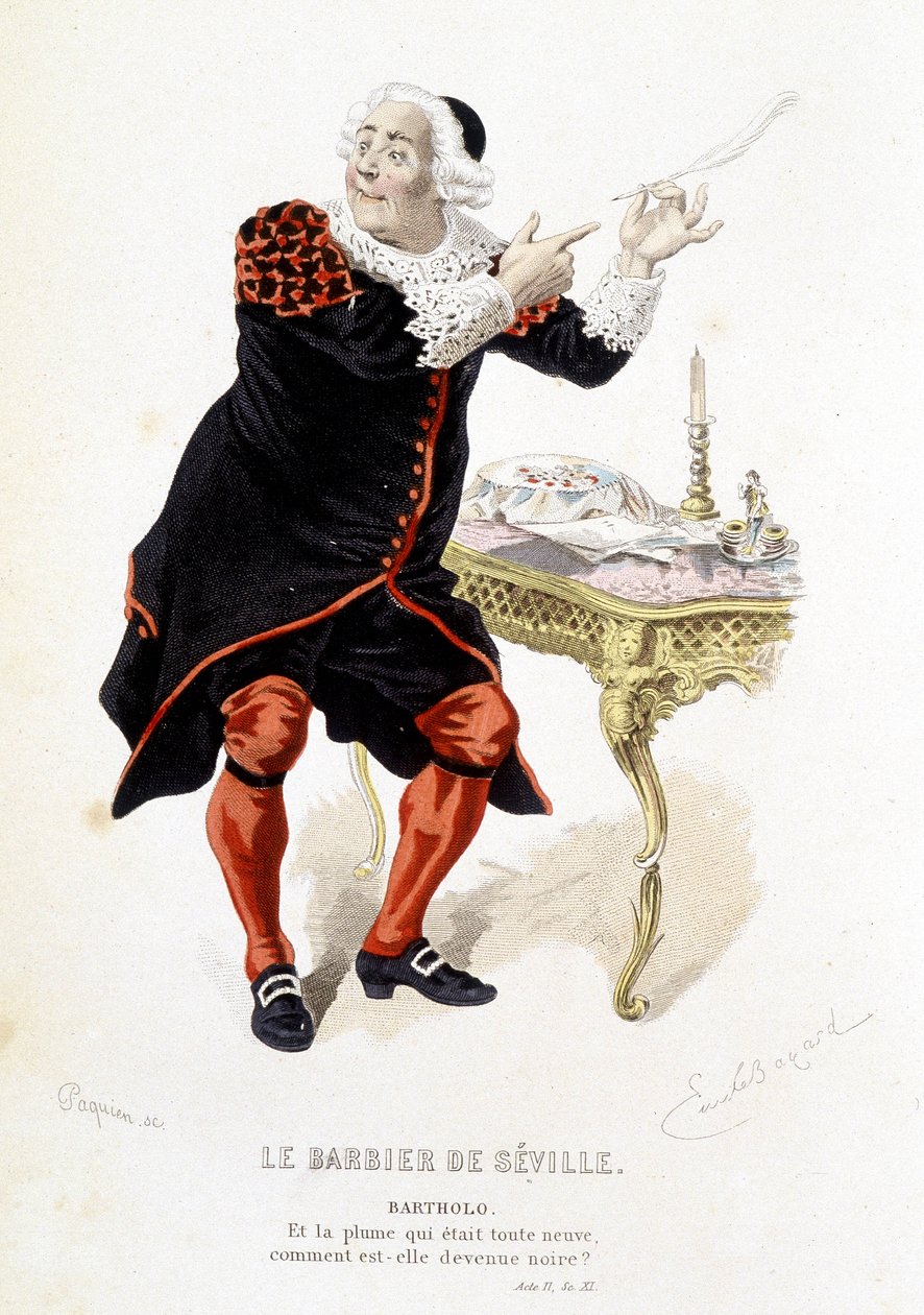Bartholo a "" A sevillai borbély" című filmben - a "" Beaumarchais teljes műveiben"", Emile Bayard rajzai, szerk. Laplace Sanchez & cie, Párizs alkotó: Emile Antoine Bayard
