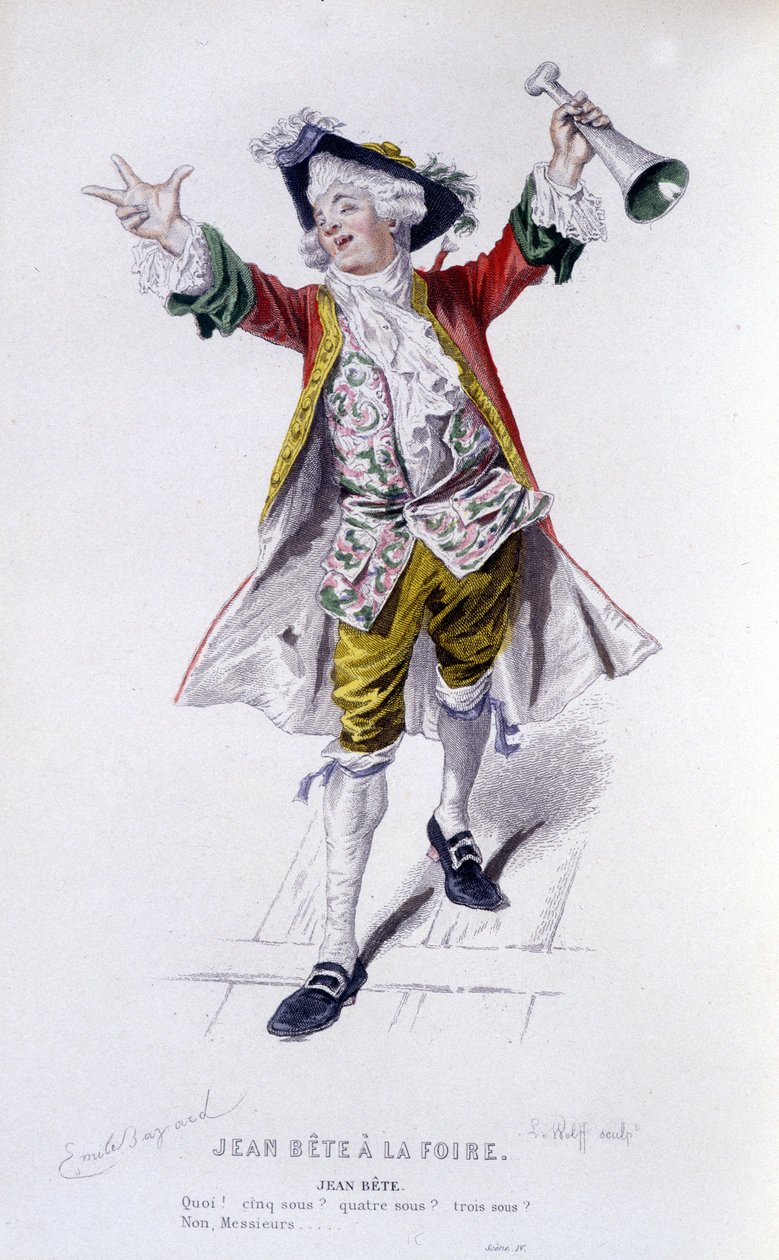 , Beaumarchais (1732-1799) teljes munkája, Edouard Fournier. Emile Bayard rajza. Szerk. Laplace, Sanchez et Cie, Párizs 1876. Ez Jean Beast a „Jean Beast a vásárban” című filmben. alkotó: Emile Antoine Bayard