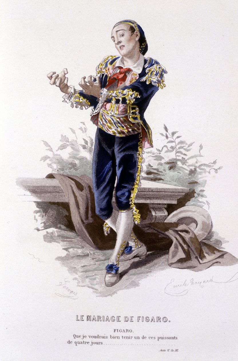 Beaumarchais (1732-1799) teljes munkája, Edouard Fournier. Emile Bayard rajza. Szerk. Laplace, Sanchez et Cie, Párizs 1876. Ez Figaro a „Figaro esküvőjében” alkotó: Emile Antoine Bayard