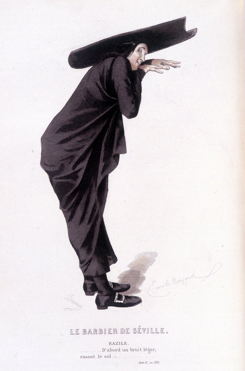 Beaumarchais (1732-1799) teljes munkája, Edouard Fournier. Emile Bayard rajza. Szerk. Laplace, Sanchez et Cie, Párizs 1876. Ez Bazile a „Sevillai borbélyban” alkotó: Emile Antoine Bayard