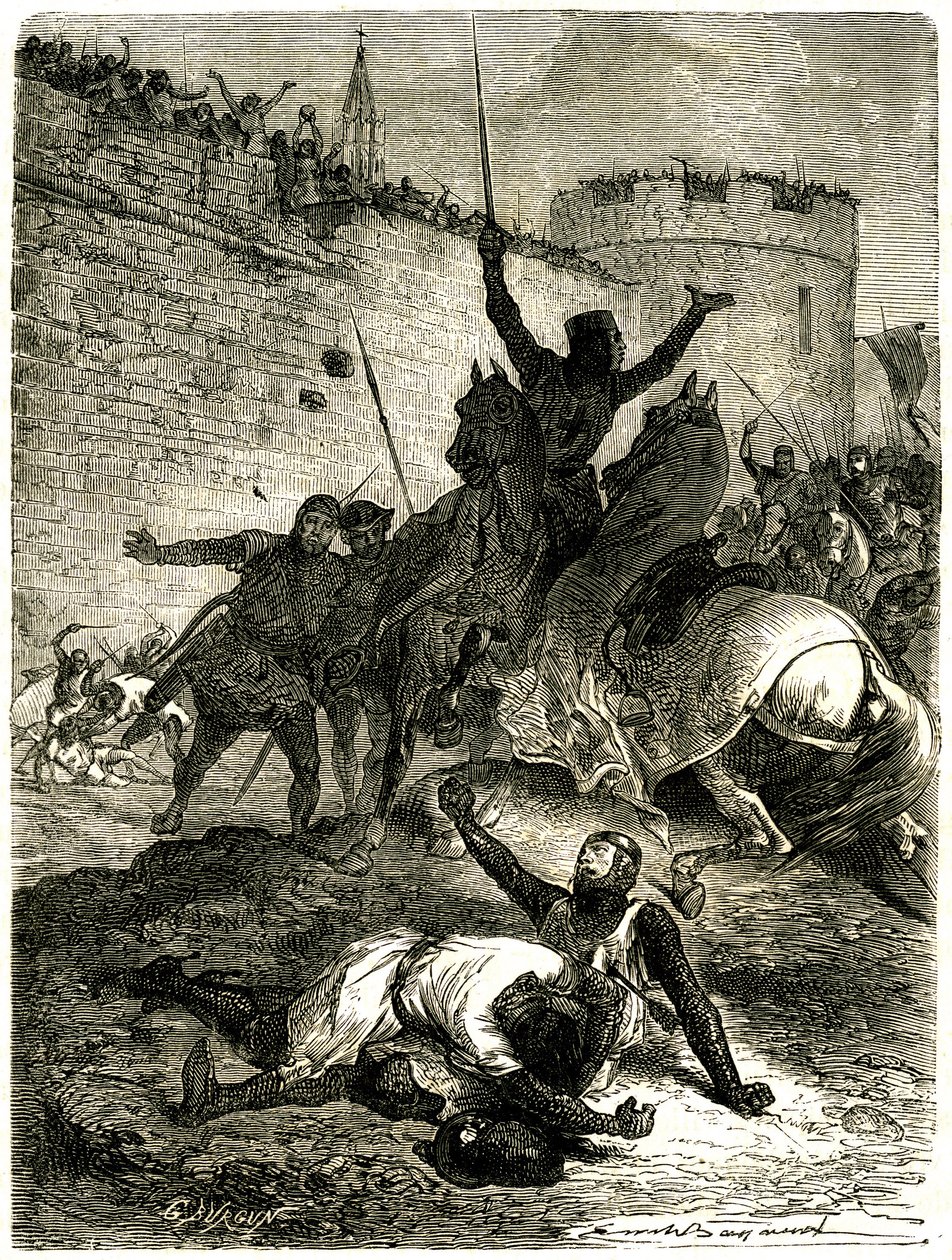 Keresztes hadjárat az Albigeois-ok ellen – Toulouse ostroma, 1218. június 25. Simon de Montfort testvérét éppen most megsebesítette egy nyílvessző, magát Simon de Montfortot pedig egy katapultlabda fogja megölni – állítólag az egyik nő. Toulouse, aki alkotó: Emile Antoine Bayard