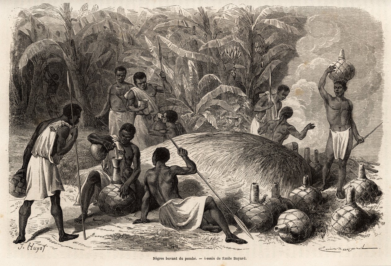 A pombe degustációja (erjesztéssel készült alkoholos ital) Karague-ban (a Victoria-tótól nyugatra, a mai Zimbabwéban), Emile Bayard (1837-1891) rajza, amely Speke kapitány afrikai felfedezőútját mutatja be 1860 és 1863 között. Bevésés alkotó: Emile Antoine Bayard