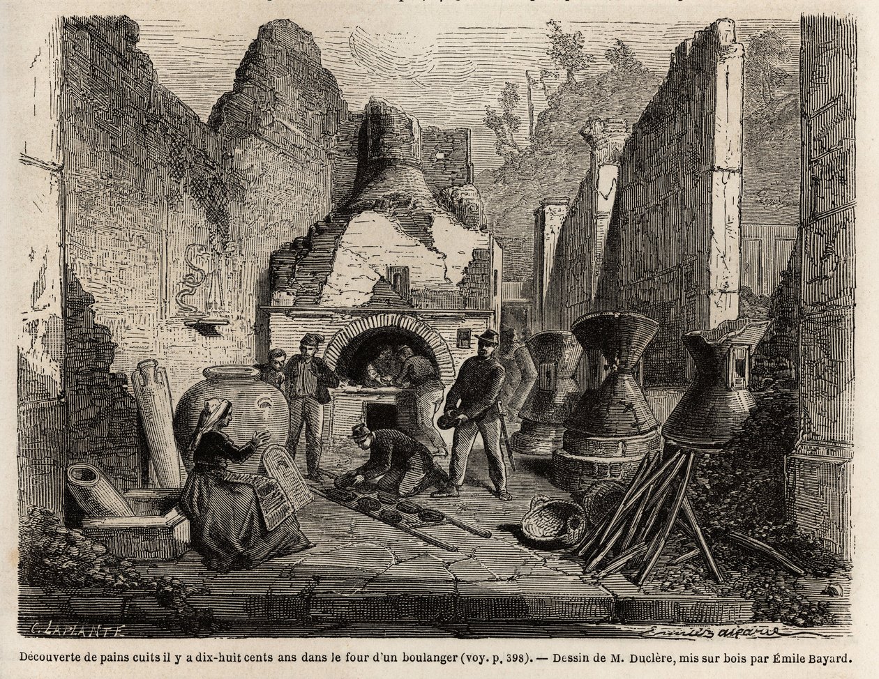 Egy sütőkemencében fedezték fel, és az 1864-es pompeji ásatások során hamuban konzervált kenyeret készített, Emile Bayard (1837-1891) rajza Marc Monnier (1829-1885) „Pompei és a pompeiaiak” szövegének illusztrálására. Metszet a „” Le tour du monde”-ban”, s alkotó: Emile Antoine Bayard