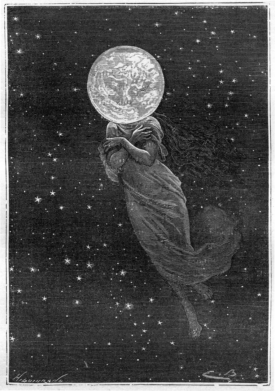 Jules Verne „” A Hold körül” című könyvének metszete (Emile Bayard)” (Hetzel-kiadás/Voyages extraordinaire 1870): egy fiatal nő testével rajzolt hold leírása (J. Verne szövege): „”... kitömve felületű, repedezett, igazi skimmer, méltó az u alkotó: Emile Antoine Bayard