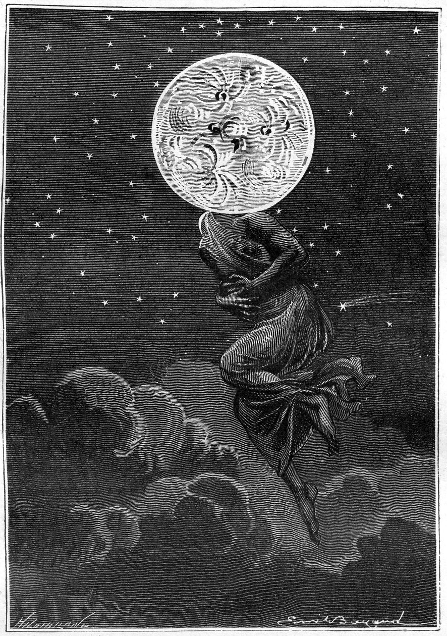 Metszet (Emile Bayard) Jules Verne Around the Moon (Hetzel-kiadás/Voyages extraordinaire 1870) című könyvéhez: „” a Hold egy fiatal nő testével személyesített meg... kólikában szenved! "" alkotó: Emile Antoine Bayard