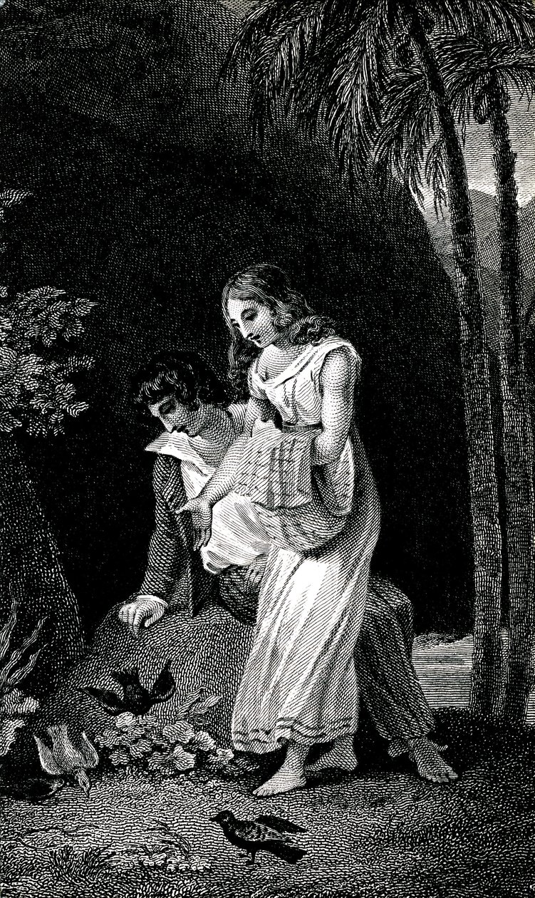 Jacques-Henri Bernardin de Saint-Pierre (Jacques Henri Bernardin de Saint-Pierre): Paul et Virginie című regényének 19. század végi kiadását illusztráló metszet. A madarak félelem nélkül szállnak partra a fiatal szerelmespár közelében az erdőben. Rajz b alkotó: Emile Antoine Bayard
