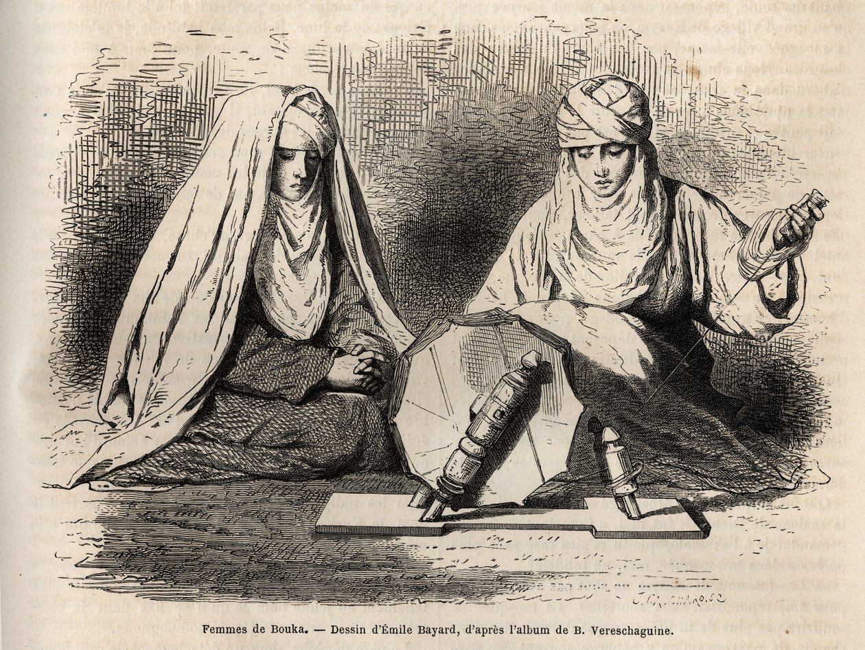 Femmes de Boukhara (Üzbegisztán), a fonott munkájukon dolgozik, Emile Bayard rajza alapján metszett, hogy illusztrálja Basile Vereschaguine 1867-1868-as közép-ázsiai utazását, megjelent a „Le tour du monde” 1873-ban, Edouard szerkesztette. Charton, Hach alkotó: Emile Antoine Bayard