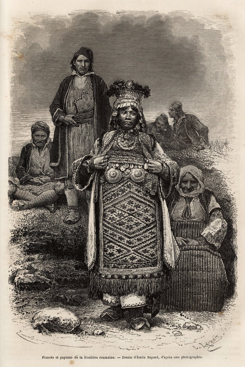 Vőlegények és parasztok a román határvidékről, metszet Emile Bayard rajza után, a bulgáriai utazást illusztrálva, Guillaume Lejean, 1867-ben, megjelent a „Le tour du monde” 1873-ban, szerkesztette Edouard Charton, Hachette kiadás, Párizs . Se alkotó: Emile Antoine Bayard