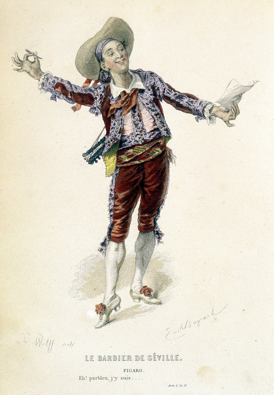 Figaro a „Sevillai borbély” című művében az „Oeuvres befejezi a Beaumarchais-ban”, szerk. Laplace Sanchez & cie, Párizs alkotó: Emile Antoine Bayard
