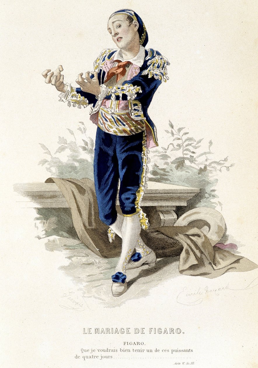 Figaro a „Figaro házassága” című filmben – a „Beaumarchais teljes műveiben””, Emile Bayard rajzai, szerk. Laplace Sanchez & cie, Párizs alkotó: Emile Antoine Bayard
