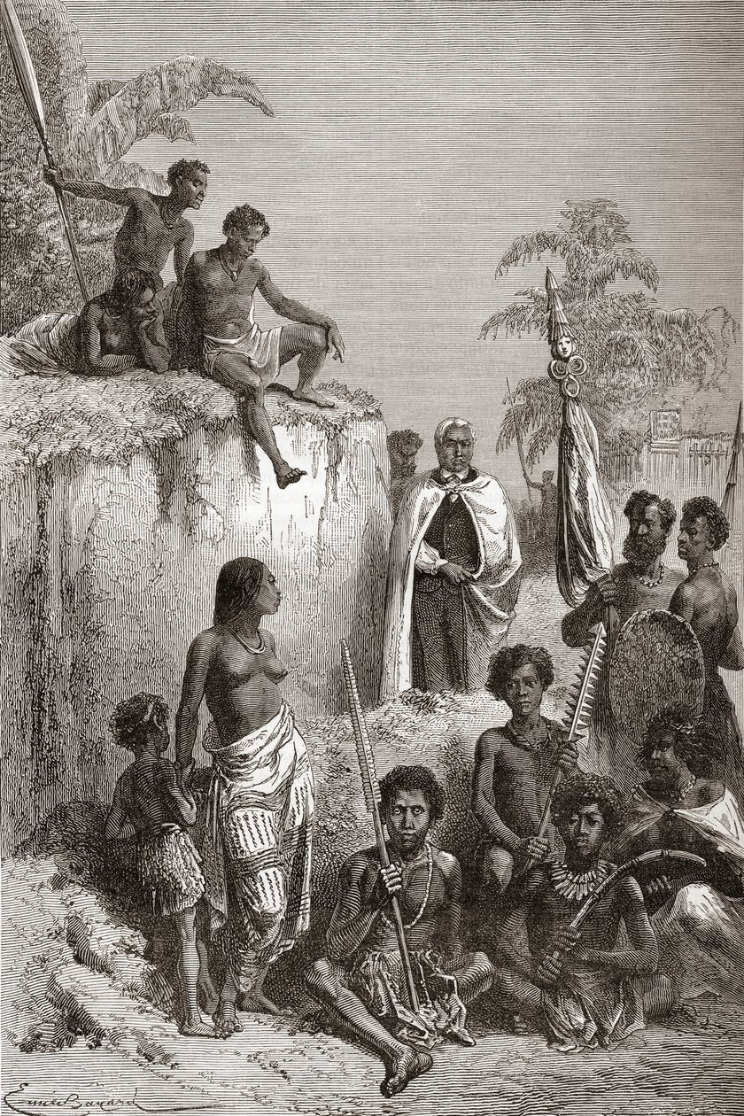 I. Kamehameha hawaii király és harcosai, illusztráció a „The World in the Hands” című könyvből, 1878-ban megjelent (metszet) alkotó: Emile Antoine Bayard